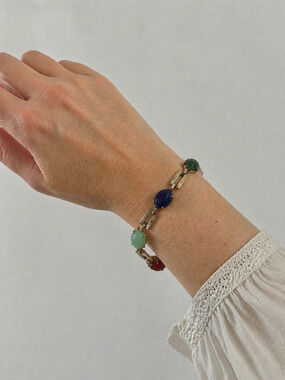 Vintage Gold Tone Scarab Bracelet Multi Color Carved Five Resin Stones Link 7.5"